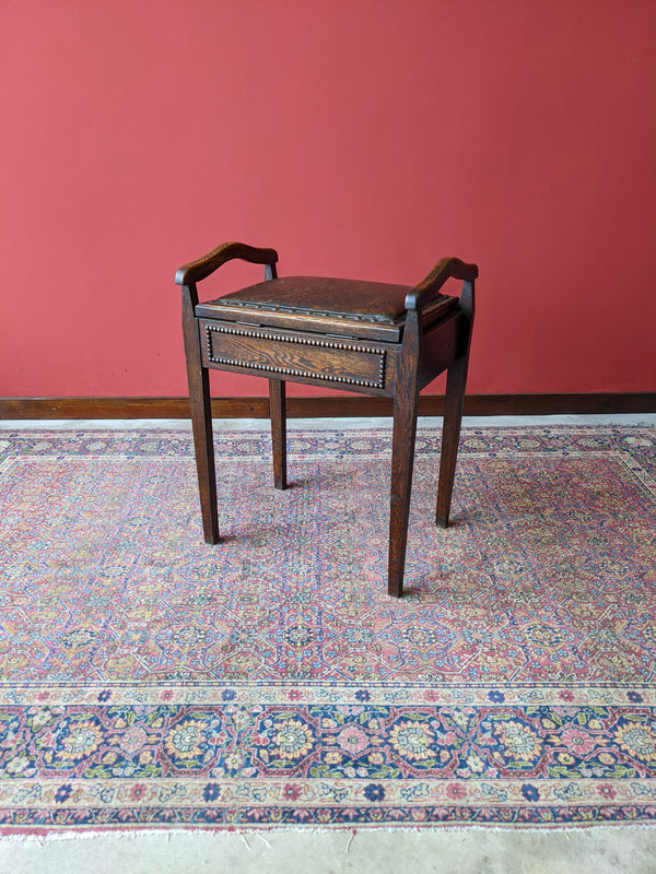 Antique Oak Leather Seat Piano Stool