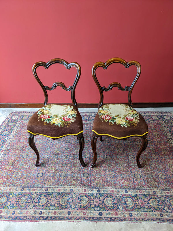 Antique Pair of Victorian Rosewood Tapestry Side Chairs Circa 1850