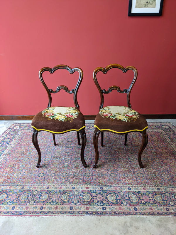 Antique Pair of Victorian Rosewood Tapestry Side Chairs Circa 1850