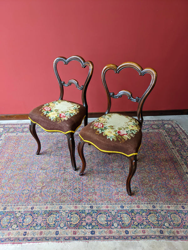 Antique Pair of Victorian Rosewood Tapestry Side Chairs Circa 1850