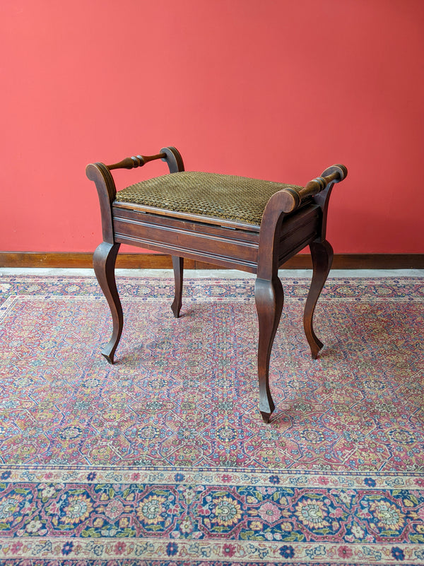 Antique Victorian Mahogany Dark Green Upholstered Piano Stool