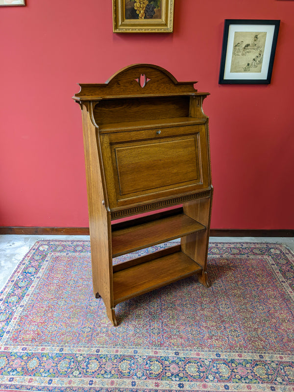 Antique Arts & Crafts Narrow Oak Fall Front Bureau Writing Desk Bookcase in the Manner of Liberty & Co