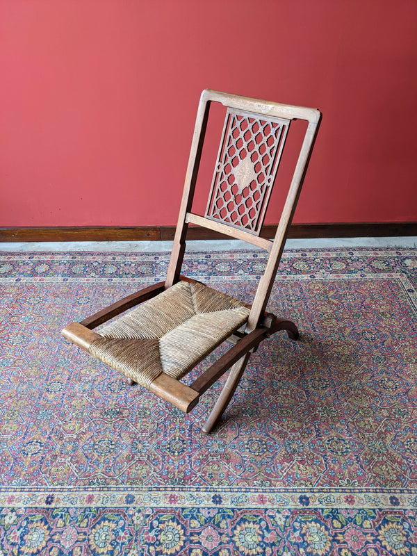 Antique Folding Rush Seat Inlaid Mahogany Campaign Chair