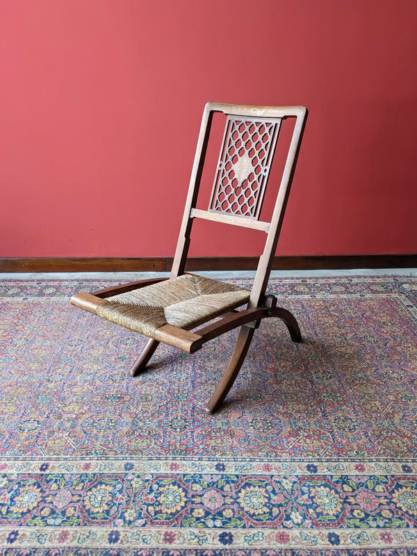 Antique Folding Rush Seat Inlaid Mahogany Campaign Chair