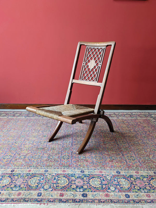 Antique Folding Rush Seat Inlaid Mahogany Campaign Chair