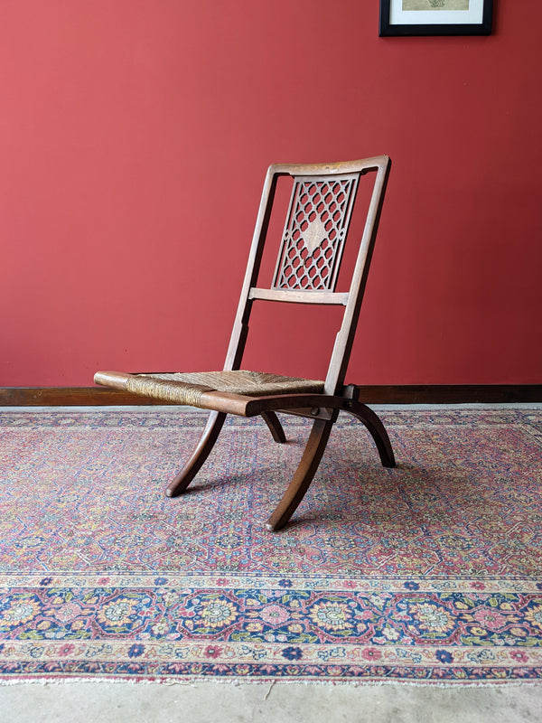 Antique Folding Rush Seat Inlaid Mahogany Campaign Chair