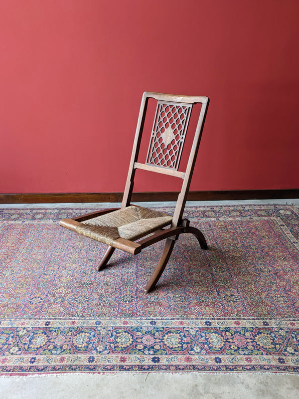 Antique Folding Rush Seat Inlaid Mahogany Campaign Chair