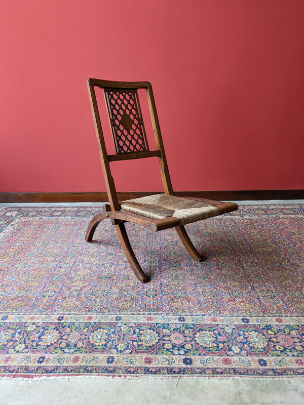 Antique Folding Rush Seat Inlaid Mahogany Campaign Chair