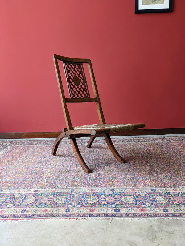 Antique Folding Rush Seat Inlaid Mahogany Campaign Chair