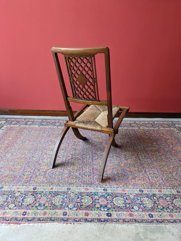 Antique Folding Rush Seat Inlaid Mahogany Campaign Chair