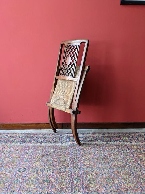 Antique Folding Rush Seat Inlaid Mahogany Campaign Chair