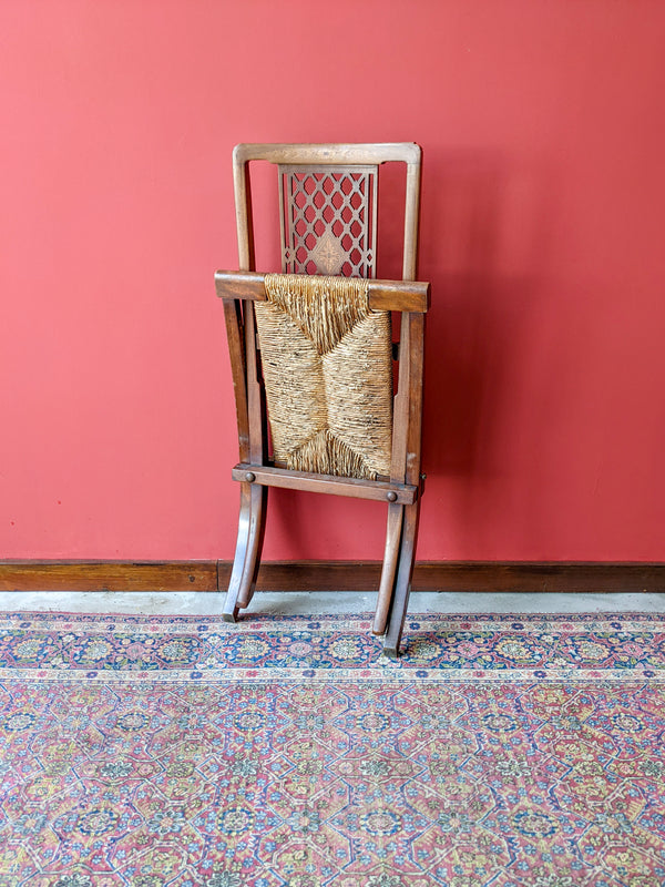 Antique Folding Rush Seat Inlaid Mahogany Campaign Chair