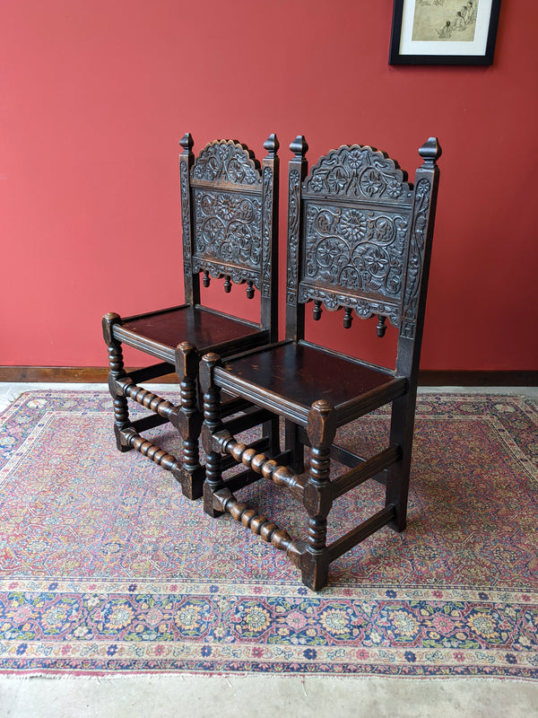 Pair of Charles II Antique Carved Oak Hall Chairs Dated 1674
