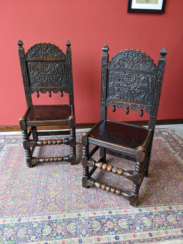 Pair of Charles II Antique Carved Oak Hall Chairs Dated 1674