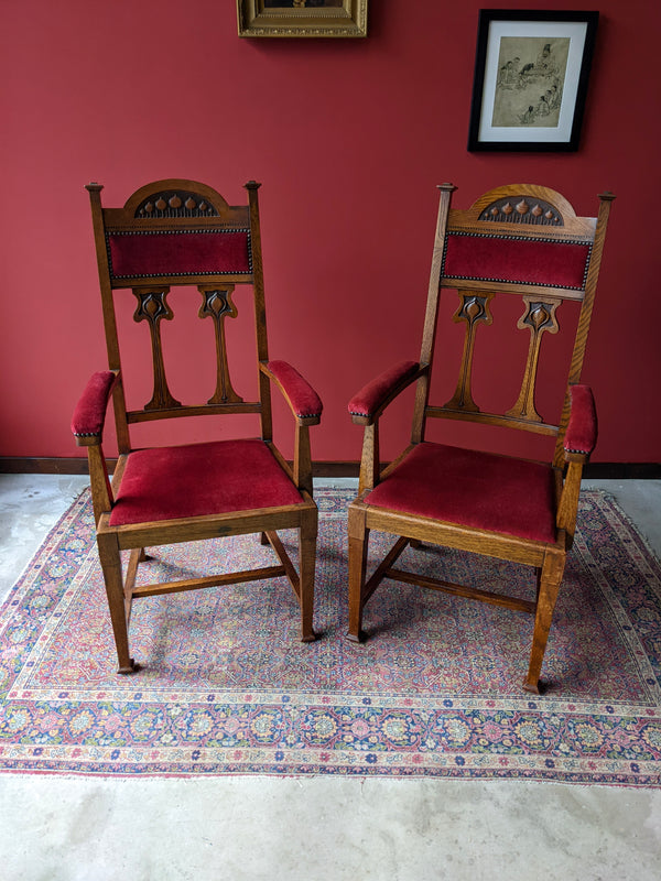 Pair of Art Nouveau Arts & Crafts Oak Throne Armchairs / Hall Chairs Circa 1900