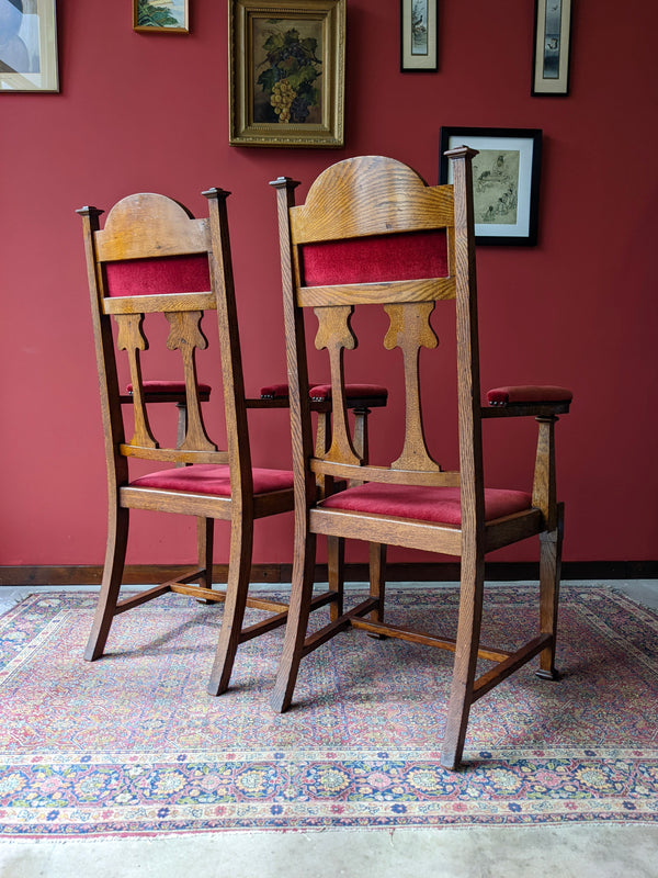 Pair of Art Nouveau Arts & Crafts Oak Throne Armchairs / Hall Chairs Circa 1900