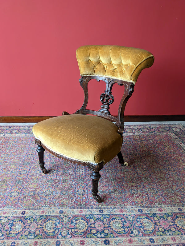 Antique Victorian Mahogany Yellow Upholstered Bedroom Chair