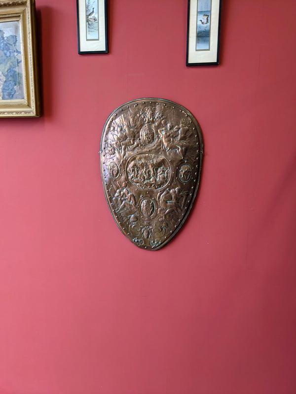 Antique Victorian Decorative Wall Hanging Embossed Copper Shield