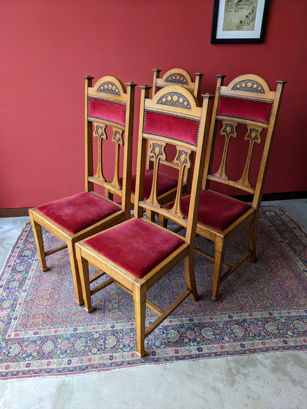 Set of 4 Antique Art Nouveau Arts & Crafts Golden Oak Dining Chairs