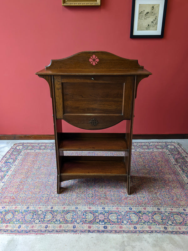 Antique Arts & Crafts Narrow Oak Bureau Desk Bookshelf