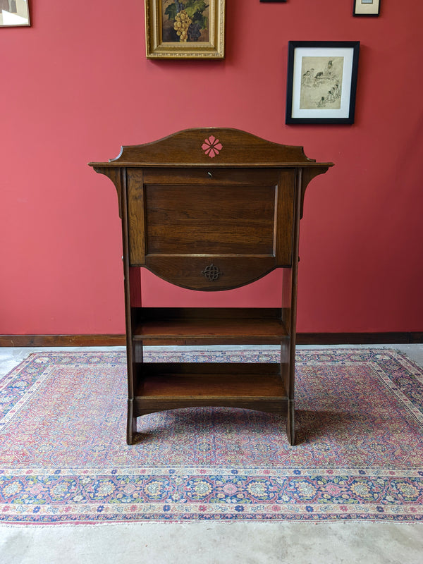 Antique Arts & Crafts Narrow Oak Bureau Desk Bookshelf