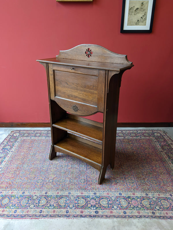 Antique Arts & Crafts Narrow Oak Bureau Desk Bookshelf