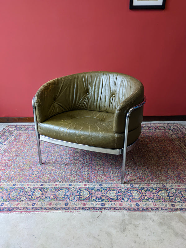 Mid Century Modern Italian Chrome & Leather Tub Lounge Chair