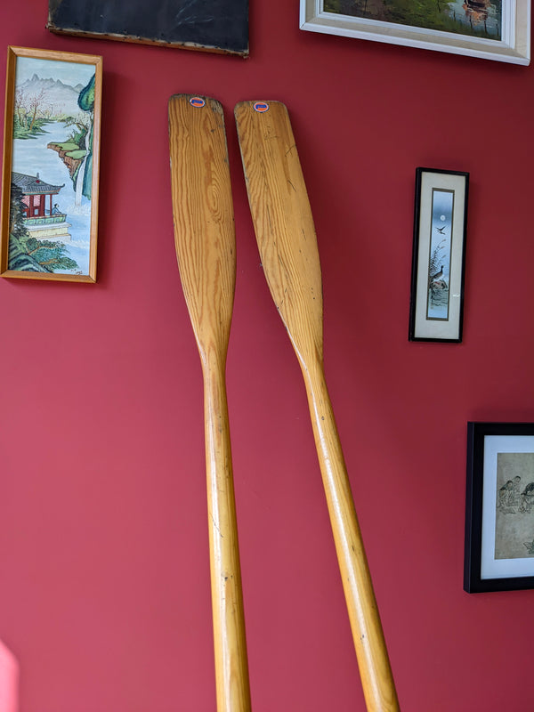 Authentic Vintage Pair of Long Wooden Decorative Boat Oars