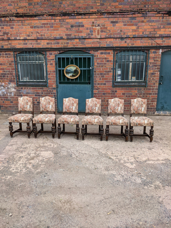Set of Six Floral Antique Oak Jacobean Revival Dining Chairs