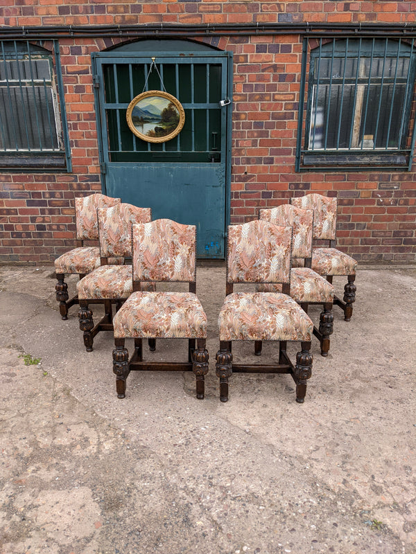 Set of Six Floral Antique Oak Jacobean Revival Dining Chairs