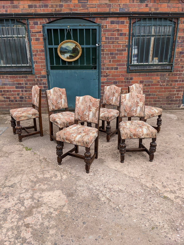 Set of Six Floral Antique Oak Jacobean Revival Dining Chairs