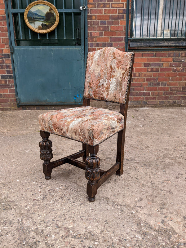 Set of Six Floral Antique Oak Jacobean Revival Dining Chairs