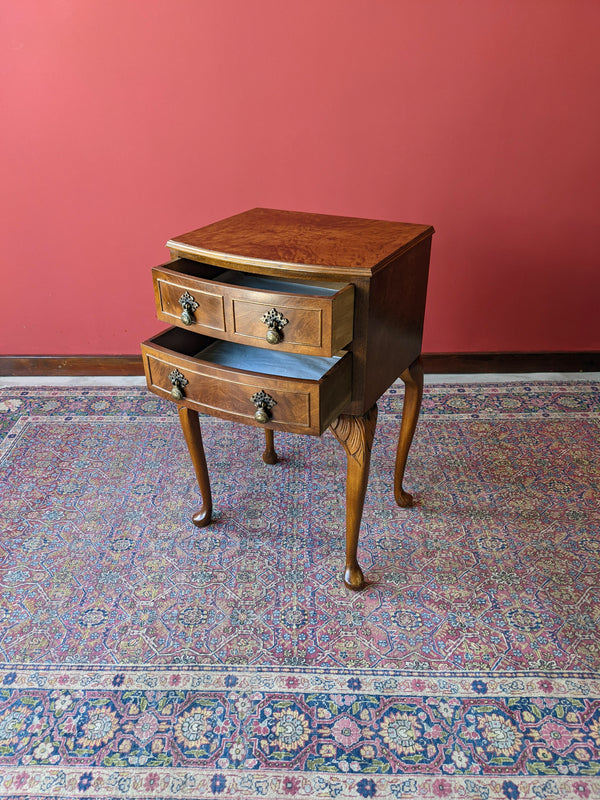 Small Antique Burr Walnut Side Table / Raised Drawers / Bedside Table