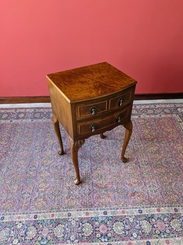 Small Antique Burr Walnut Side Table / Raised Drawers / Bedside Table