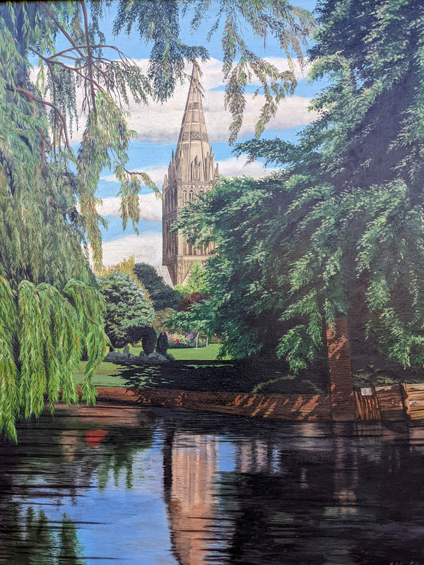 Large Oil on Canvas Framed Painting of Salisbury Cathedral