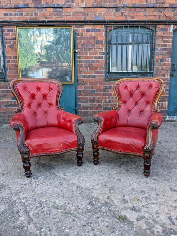 Pair of 19th Century Mahogany Red Leather Armchairs / Library Chairs