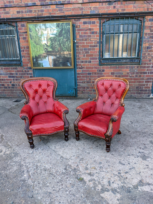 Pair of 19th Century Mahogany Red Leather Armchairs / Library Chairs