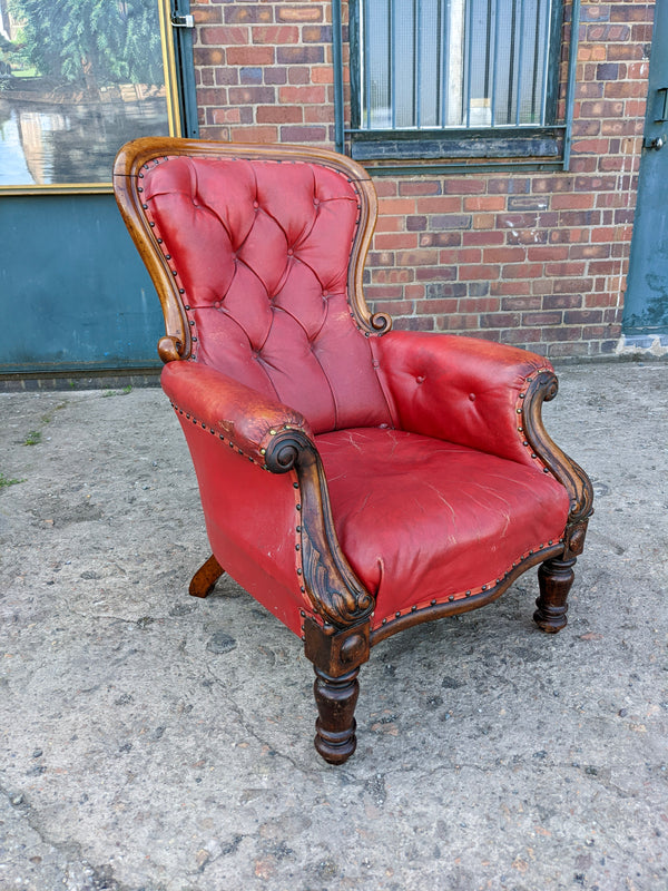 Pair of 19th Century Mahogany Red Leather Armchairs / Library Chairs