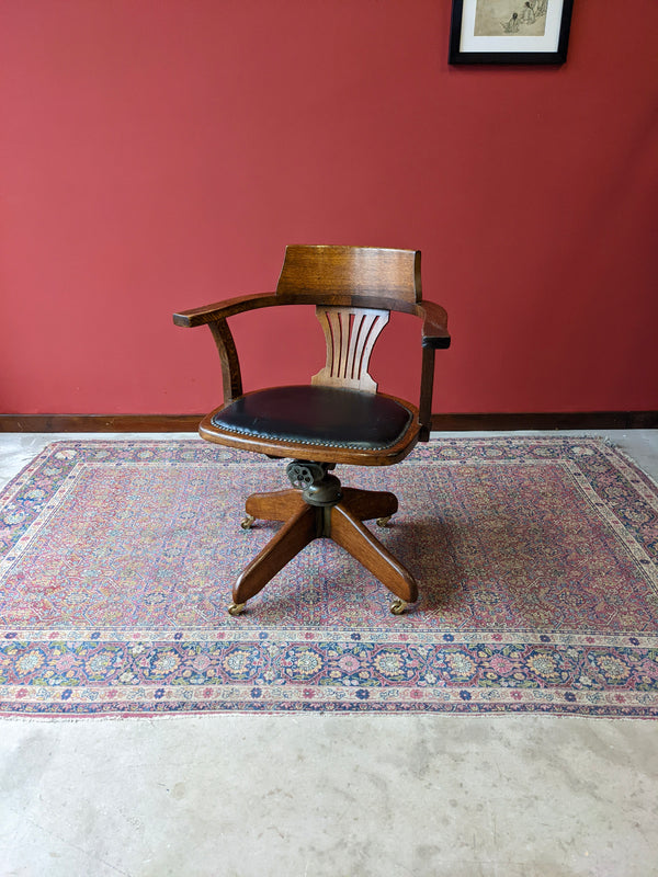 Antique Swivel Rocking Leather & Oak Office Chair / Desk Chair by Hillcrest