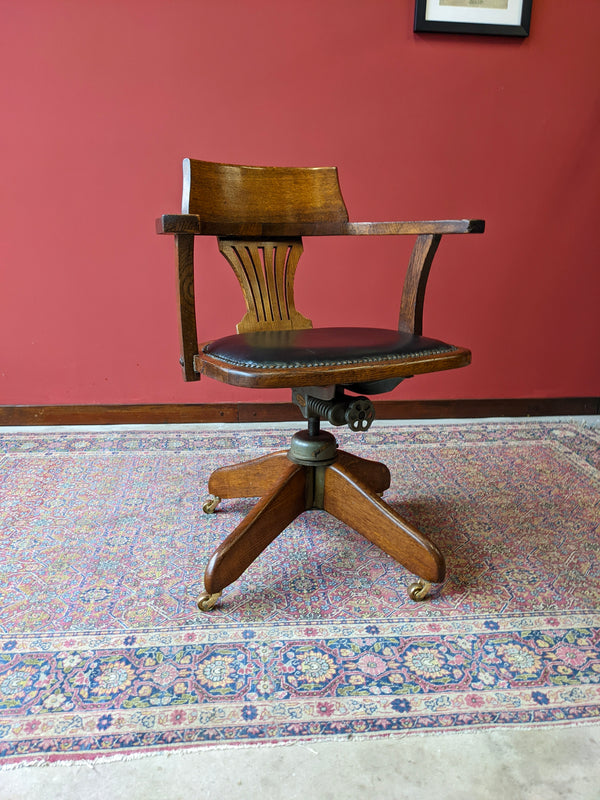 Antique Swivel Rocking Leather & Oak Office Chair / Desk Chair by Hillcrest