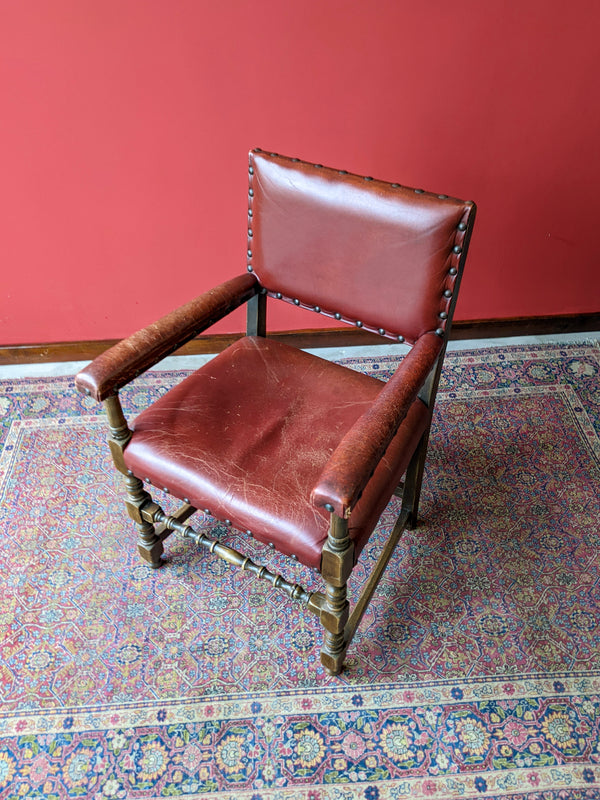 Antique Early 20th Century Red Leather Oak Desk Chair