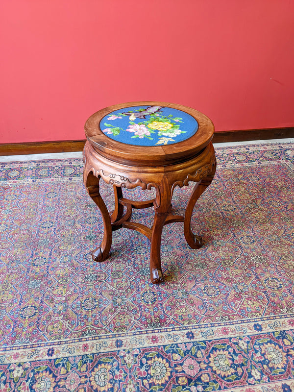 Mid 20th Century Chinese Hardwood Cloisonne Top Plant Stand / Side Table