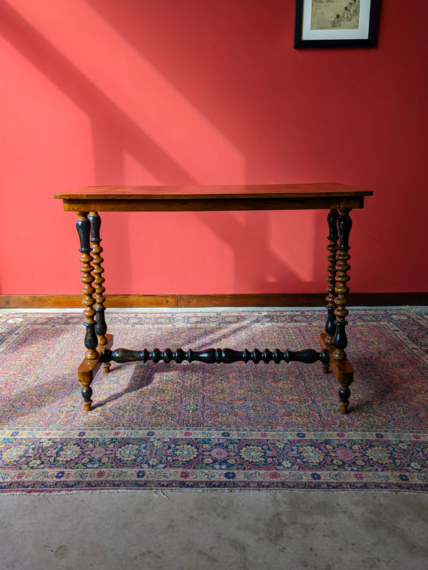 Antique Edwardian Geometric Top Bobbin Turned Walnut Stretcher Table