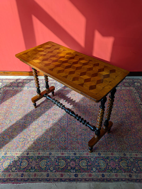 Antique Edwardian Geometric Top Bobbin Turned Walnut Stretcher Table