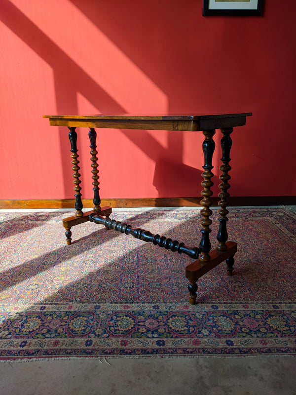 Antique Edwardian Geometric Top Bobbin Turned Walnut Stretcher Table