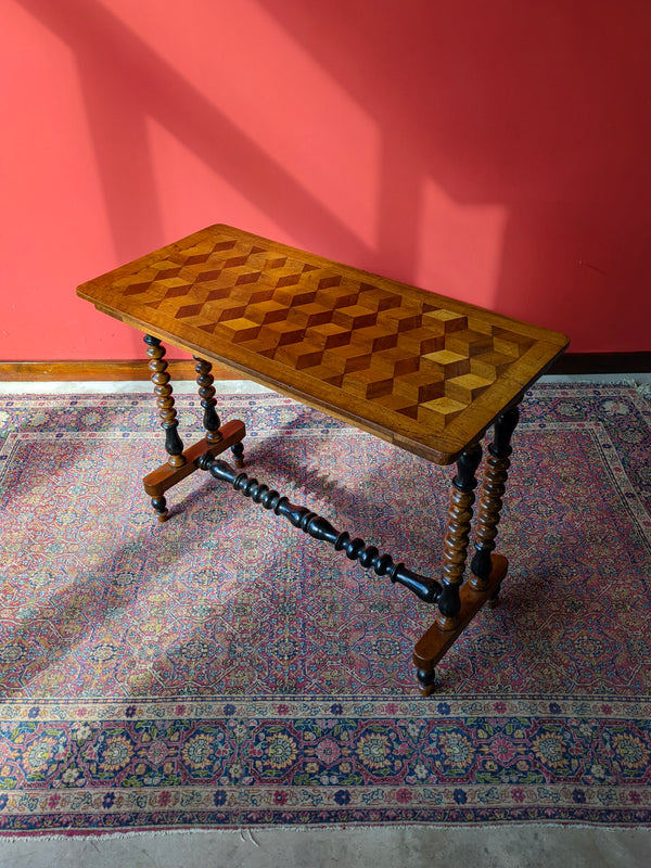 Antique Edwardian Geometric Top Bobbin Turned Walnut Stretcher Table