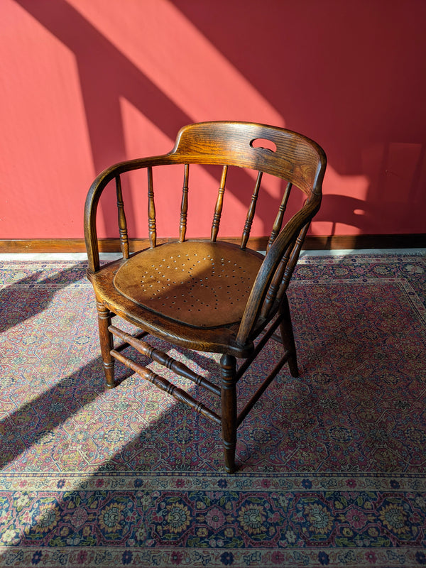 Antique Victorian Spindle Back Oak Captains Armchair