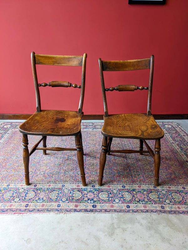 Pair of Antique Mid 19th Century Bar Back Elm Country Side Chairs