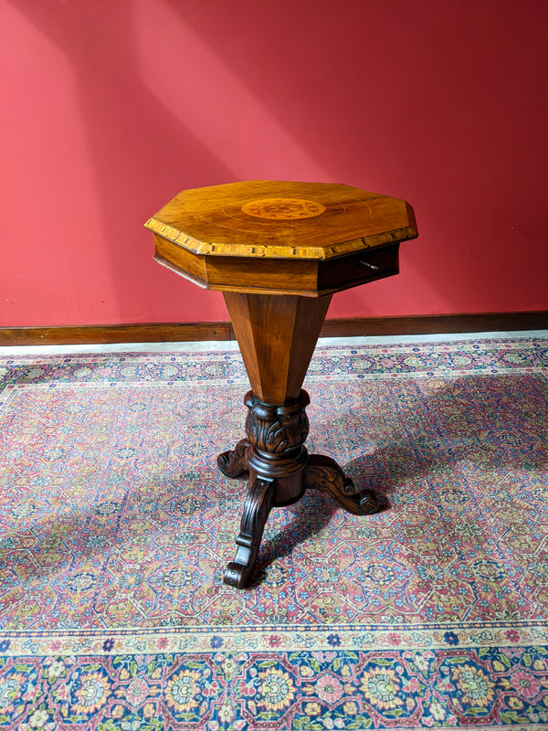 Antique 19th Century Inlaid Walnut Octagonal Trumpet Sewing Box Table