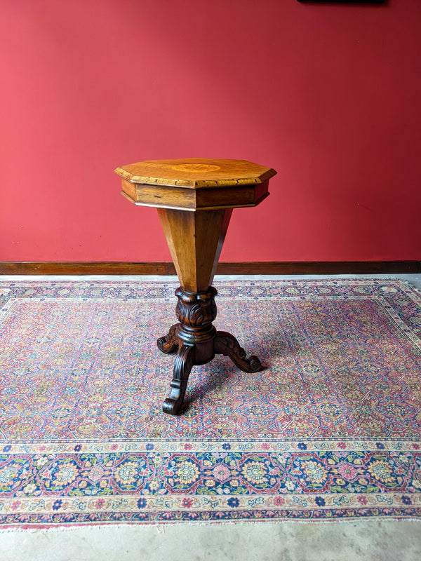 Antique 19th Century Inlaid Walnut Octagonal Trumpet Sewing Box Table